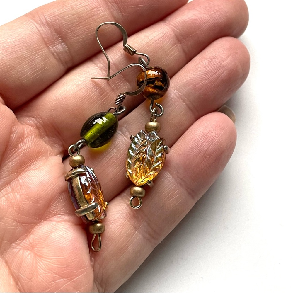Vintage Czech style art glass dangle earrings iridescent leaves boho wilderkind